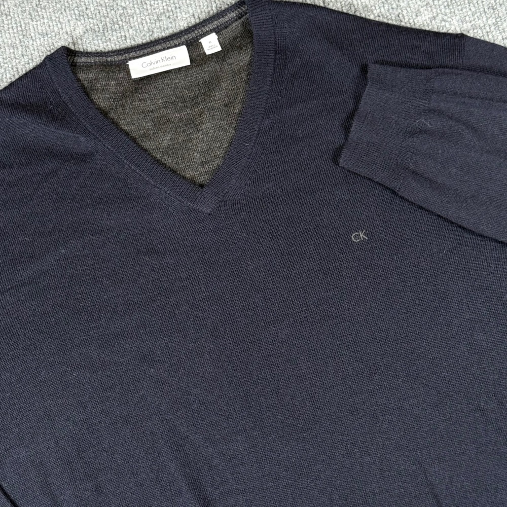 Calvin Klein Italian Merino Wool V Neck Sweater Men XL Knit Pullover Acadamia